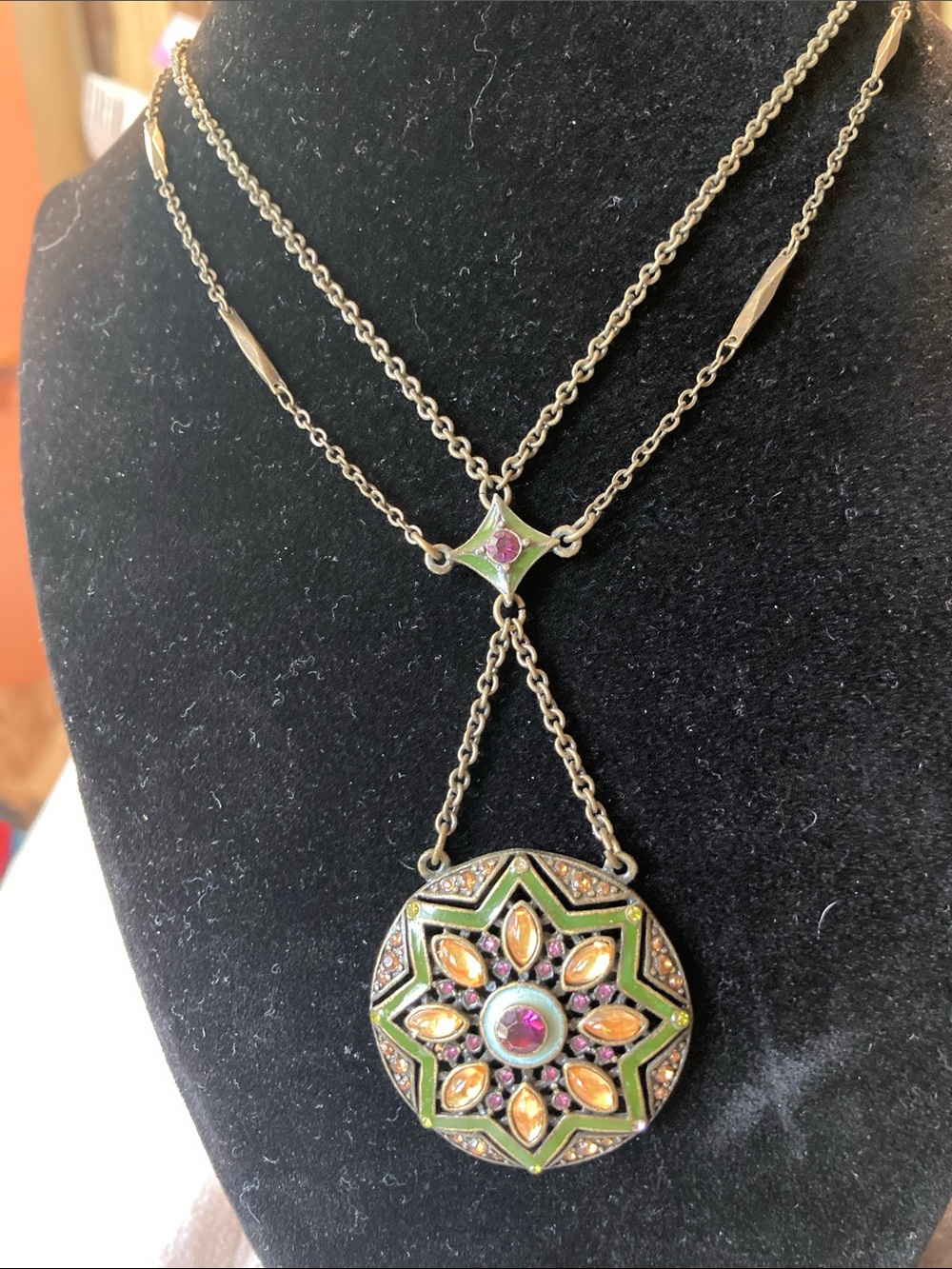 Vintage -Tone Green Enamel Pendant Necklace with Orange Accents